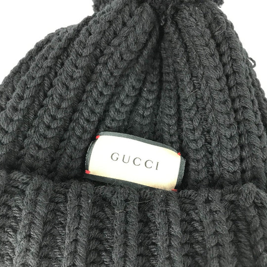 GUCCI Knit hat 652656 polyester black With pompoms logo Women 58 Used Authentic