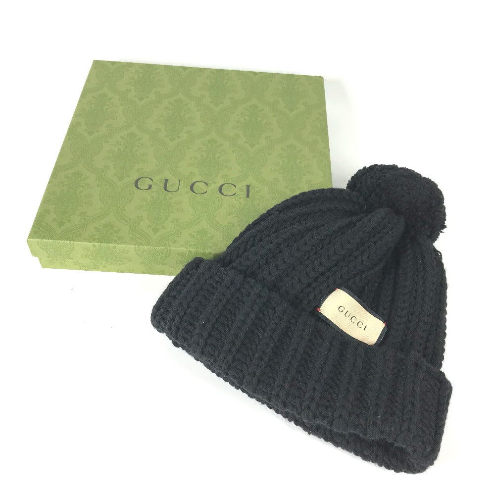 GUCCI Knit hat 652656 polyester black With pompoms logo Women 58 Used Authentic