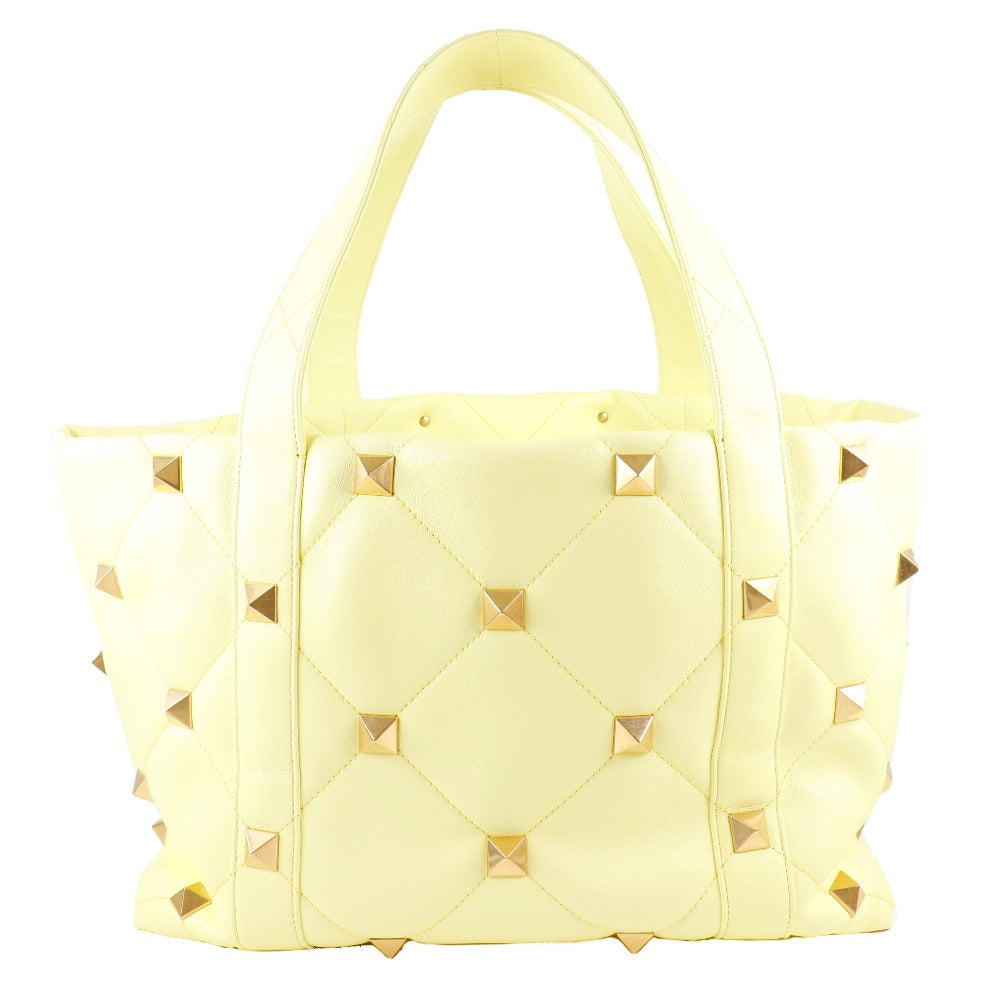Valentino Tote Bag Calfskin yellow 2021Stainless Steel quilting Roman studs Women Used Authentic