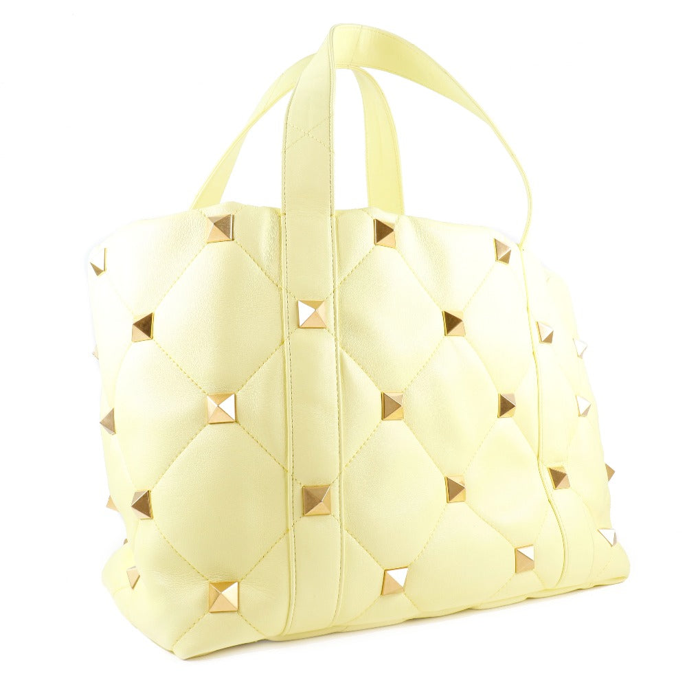 Valentino Tote Bag Calfskin yellow 2021Stainless Steel quilting Roman studs Women Used Authentic