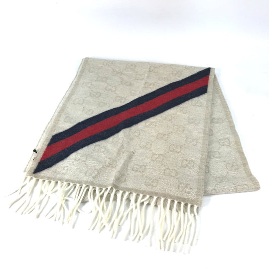 GUCCI Scarf 570603 wool beige GG Shelly line mens Used Authentic
