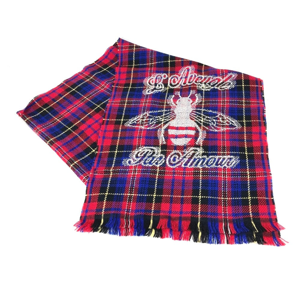 GUCCI Scarf wool Red Check BEE Bee Women Used Authentic