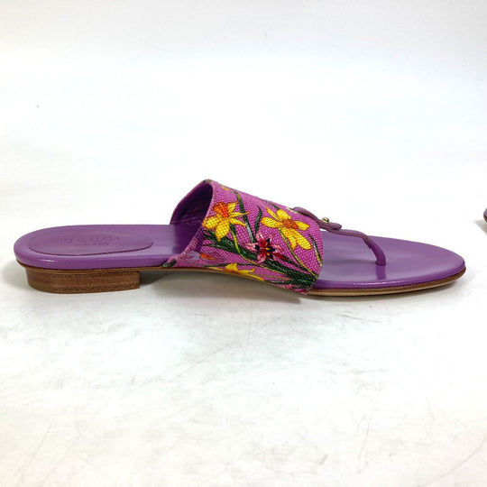 GUCCI Sandals 155100 Canvas/Leather, Canvas x Leather purple flat Flora floral pattern flower 7.5