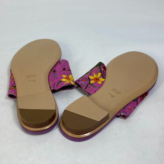 GUCCI Sandals 155100 Canvas/Leather, Canvas x Leather purple flat Flora floral pattern flower 7.5
