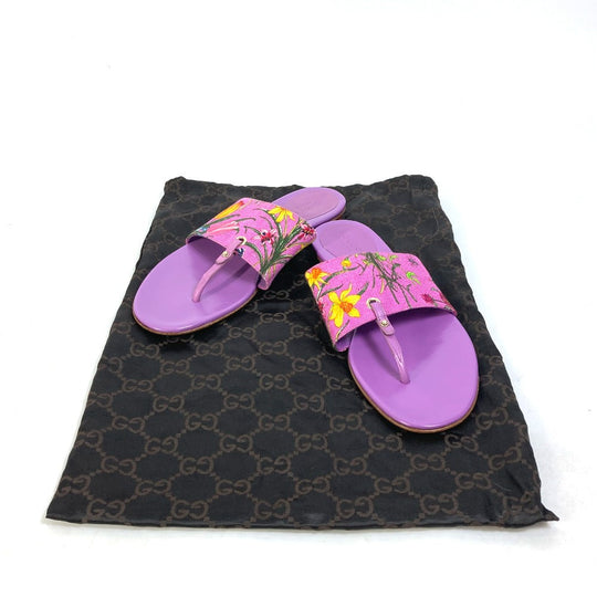 GUCCI Sandals 155100 Canvas/Leather, Canvas x Leather purple flat Flora floral pattern flower 7.5
