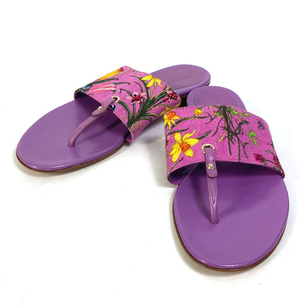 GUCCI Sandals 155100 Canvas/Leather, Canvas x Leather purple flat Flora floral pattern flower 7.5