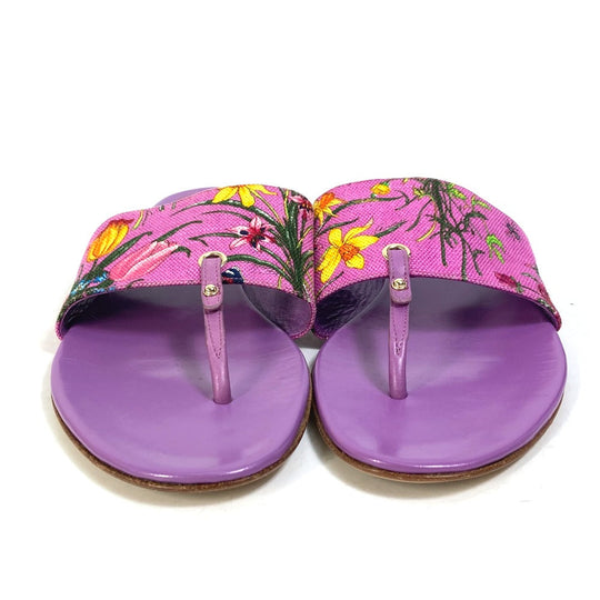 GUCCI Sandals 155100 Canvas/Leather, Canvas x Leather purple flat Flora floral pattern flower 7.5