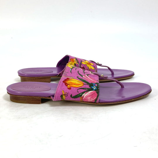 GUCCI Sandals 155100 Canvas/Leather, Canvas x Leather purple flat Flora floral pattern flower 7.5