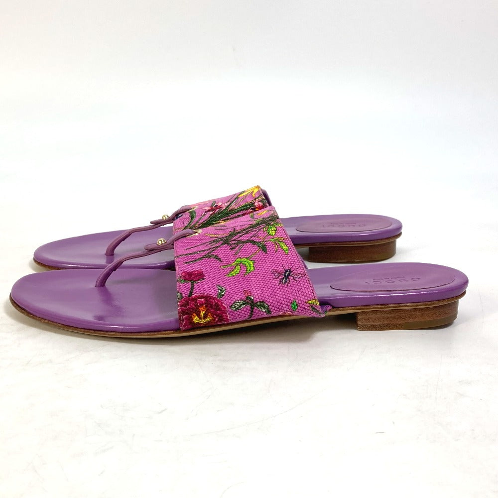 GUCCI Sandals 155100 Canvas/Leather, Canvas x Leather purple flat Flora floral pattern flower 7.5