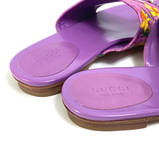 GUCCI Sandals 155100 Canvas/Leather, Canvas x Leather purple flat Flora floral pattern flower 7.5