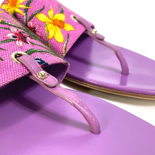 GUCCI Sandals 155100 Canvas/Leather, Canvas x Leather purple flat Flora floral pattern flower 7.5