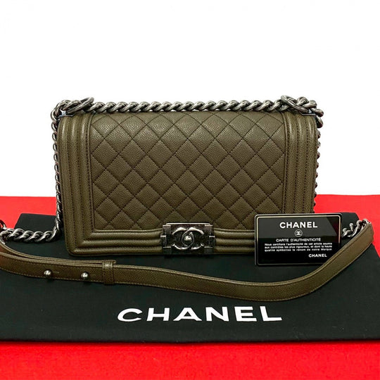 CHANEL Shoulder Bag leather khaki Boy chanel