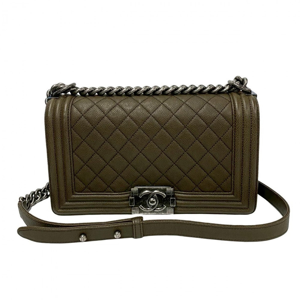 CHANEL Shoulder Bag leather khaki Boy chanel