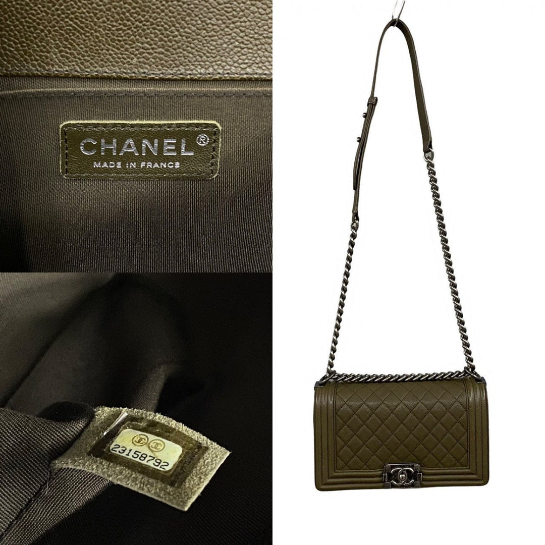 CHANEL Shoulder Bag leather khaki Boy chanel