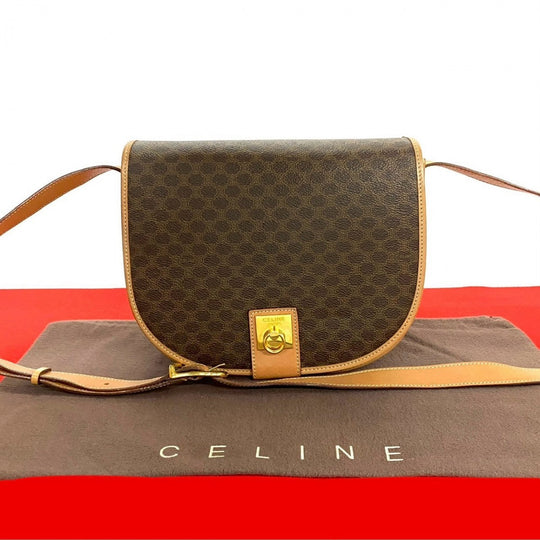 CELINE Shoulder Bag leather Brown logo Macadam Blason TriomphePattern