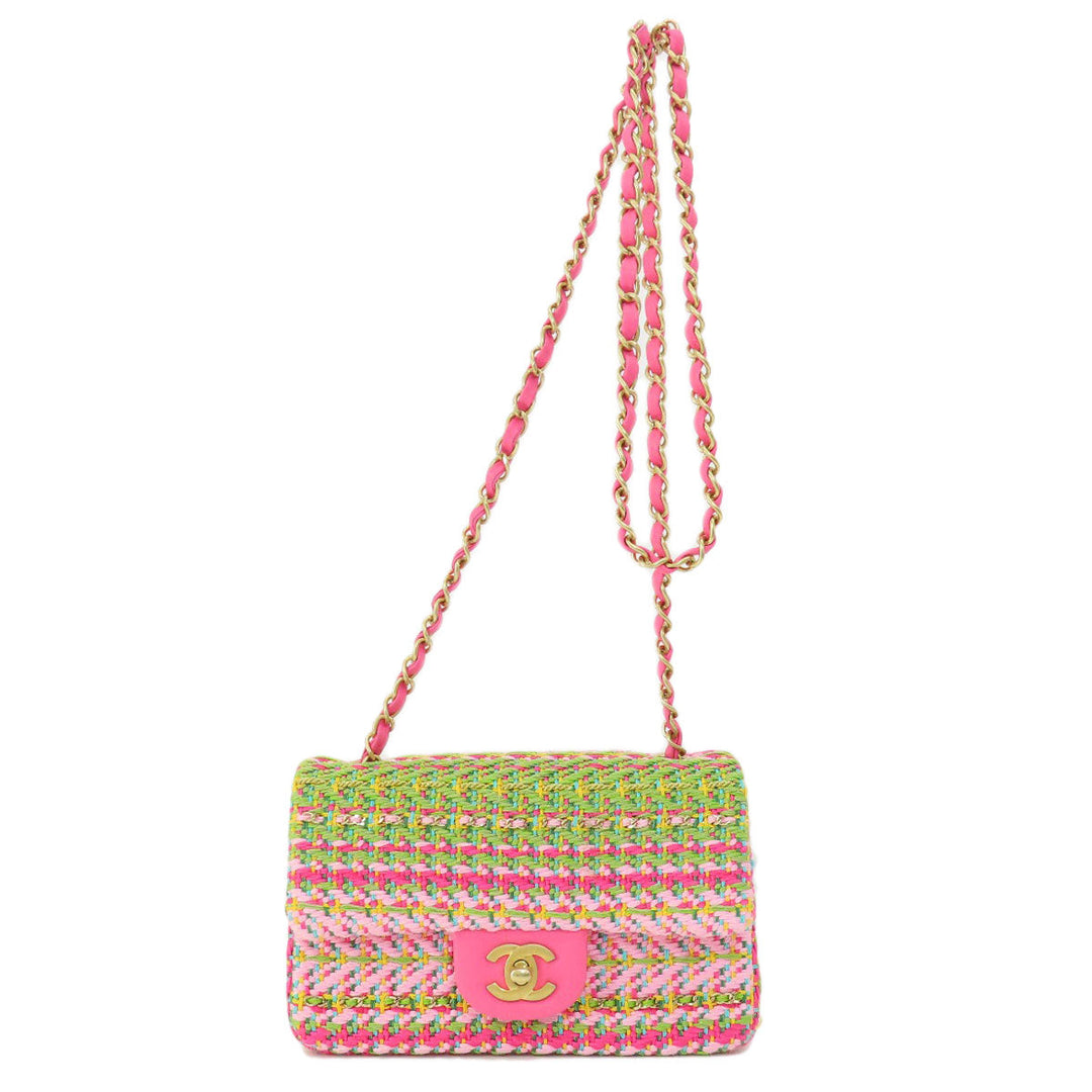 CHANEL Shoulder Bag Tweed pink ChainShoulder COCO Mark Gold Metal Women Used Authentic