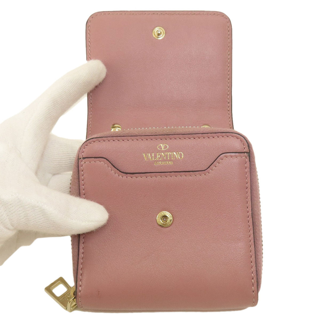 Valentino Bifold Wallet leather pink Studs Women Used Authentic