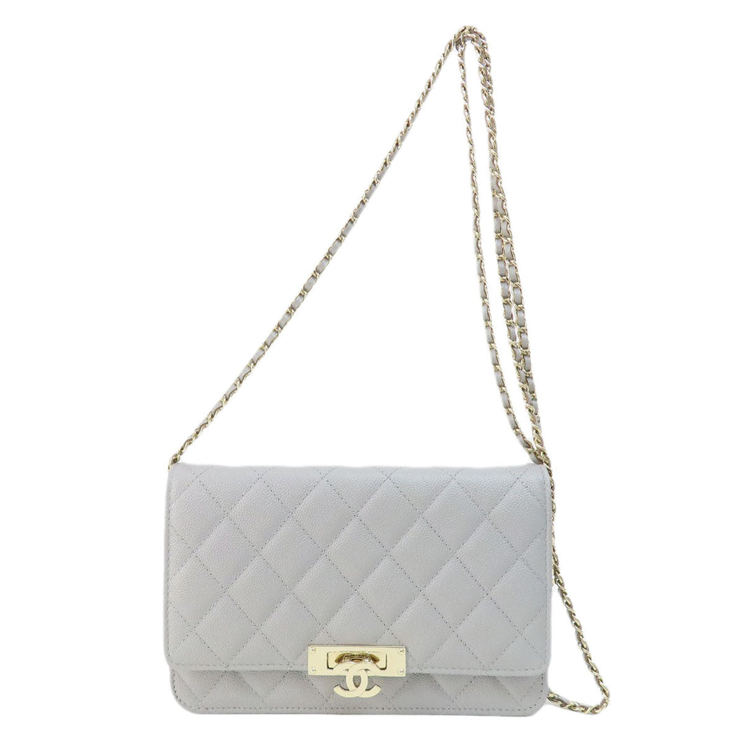 CHANEL Shoulder Bag Caviar skin gray Chain Wallet Matelasse COCO Mark Gold Metal