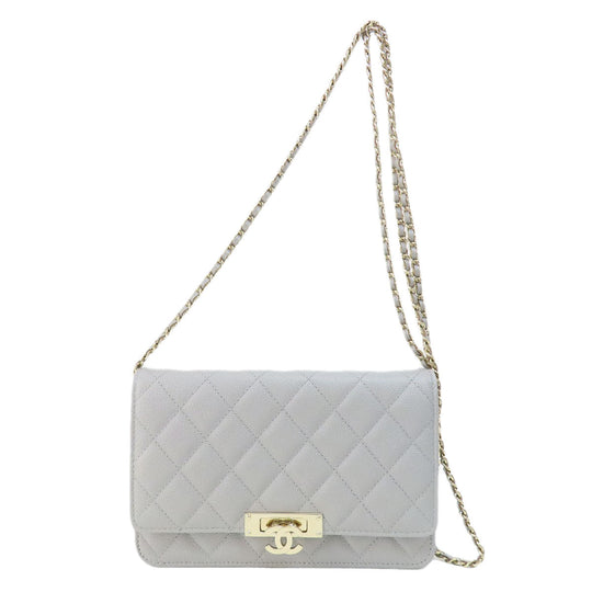 CHANEL Shoulder Bag Caviar skin gray Chain Wallet Matelasse COCO Mark Gold Metal