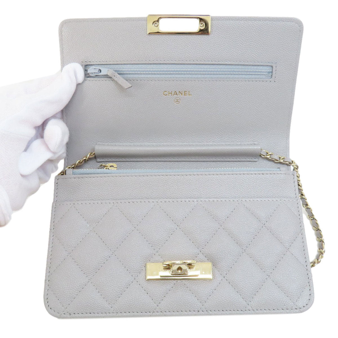 CHANEL Shoulder Bag Caviar skin gray Chain Wallet Matelasse COCO Mark Gold Metal