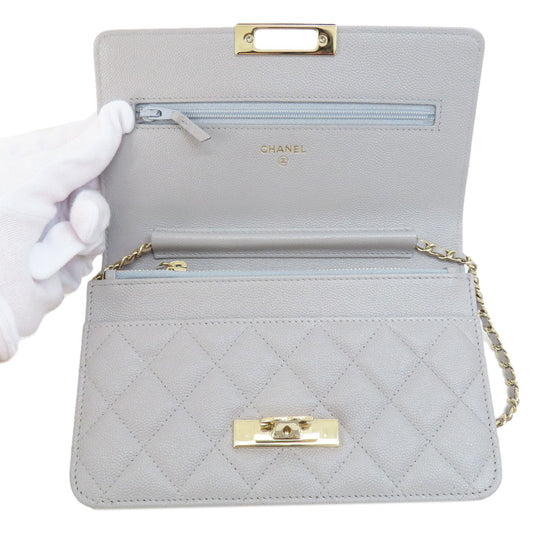 CHANEL Shoulder Bag Caviar skin gray Chain Wallet Matelasse COCO Mark Gold Metal