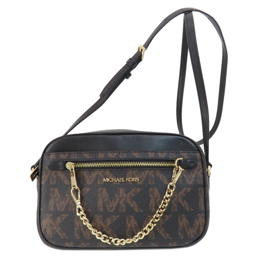 MICHAEL KORS Shoulder Bag Leather, Coated Canvas black MK signature Women Used Authentic