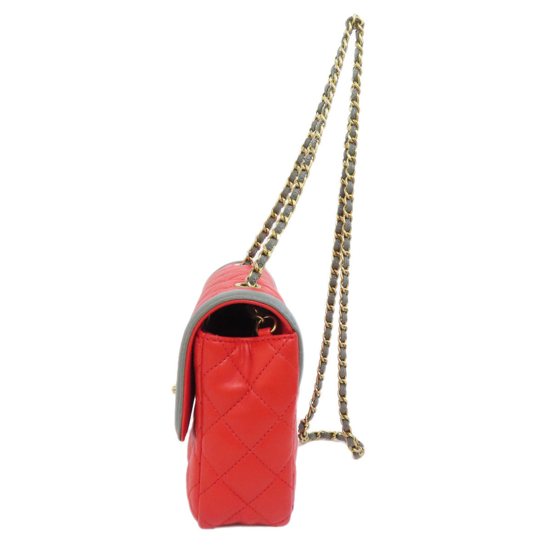 CHANEL Shoulder Bag lambskin Red ChainShoulder COCO Mark Gold Metal Women Used Authentic
