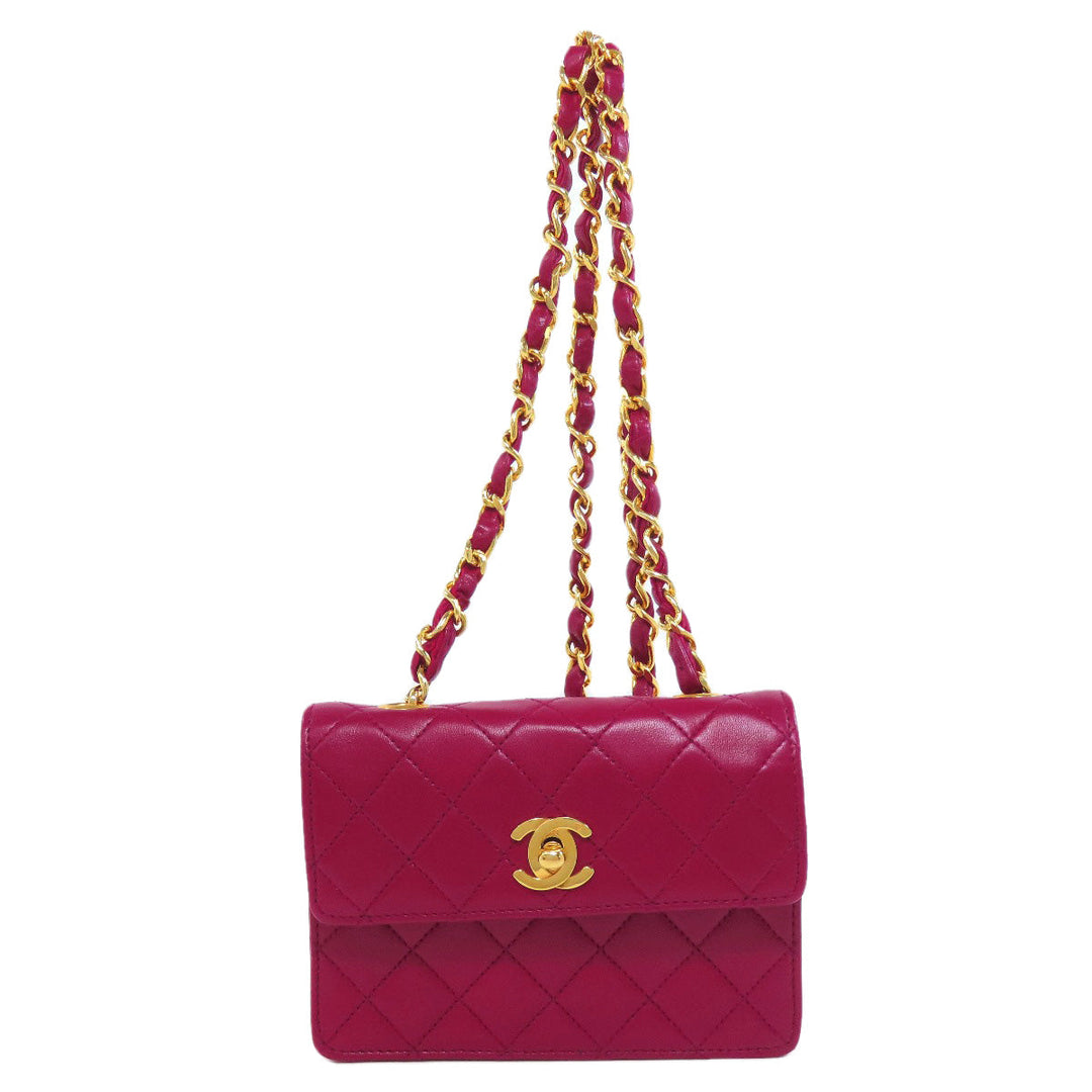 CHANEL Shoulder Bag lambskin Red Chain Wallet COCO Mark Gold Metal Women Used Authentic