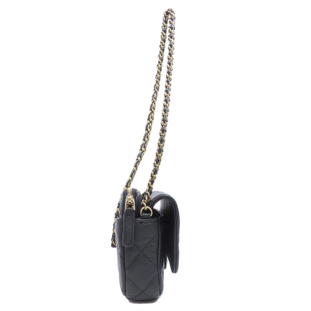 CHANEL Shoulder Bag Grained Calfskin Skin black ChainShoulder Matelasse Gold Metal