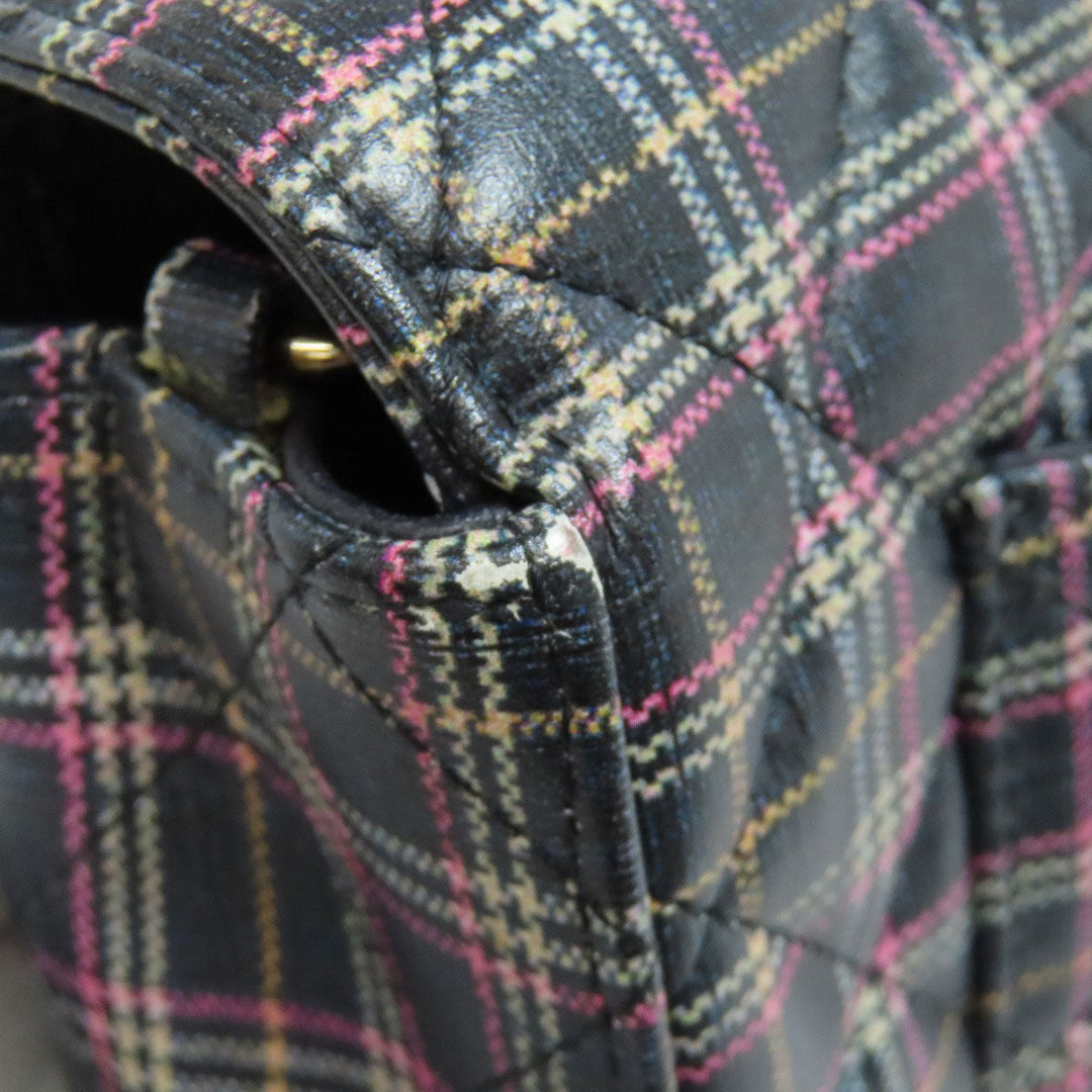 CHANEL Shoulder Bag leather gray ChainShoulder Check Pattern Gold Metal