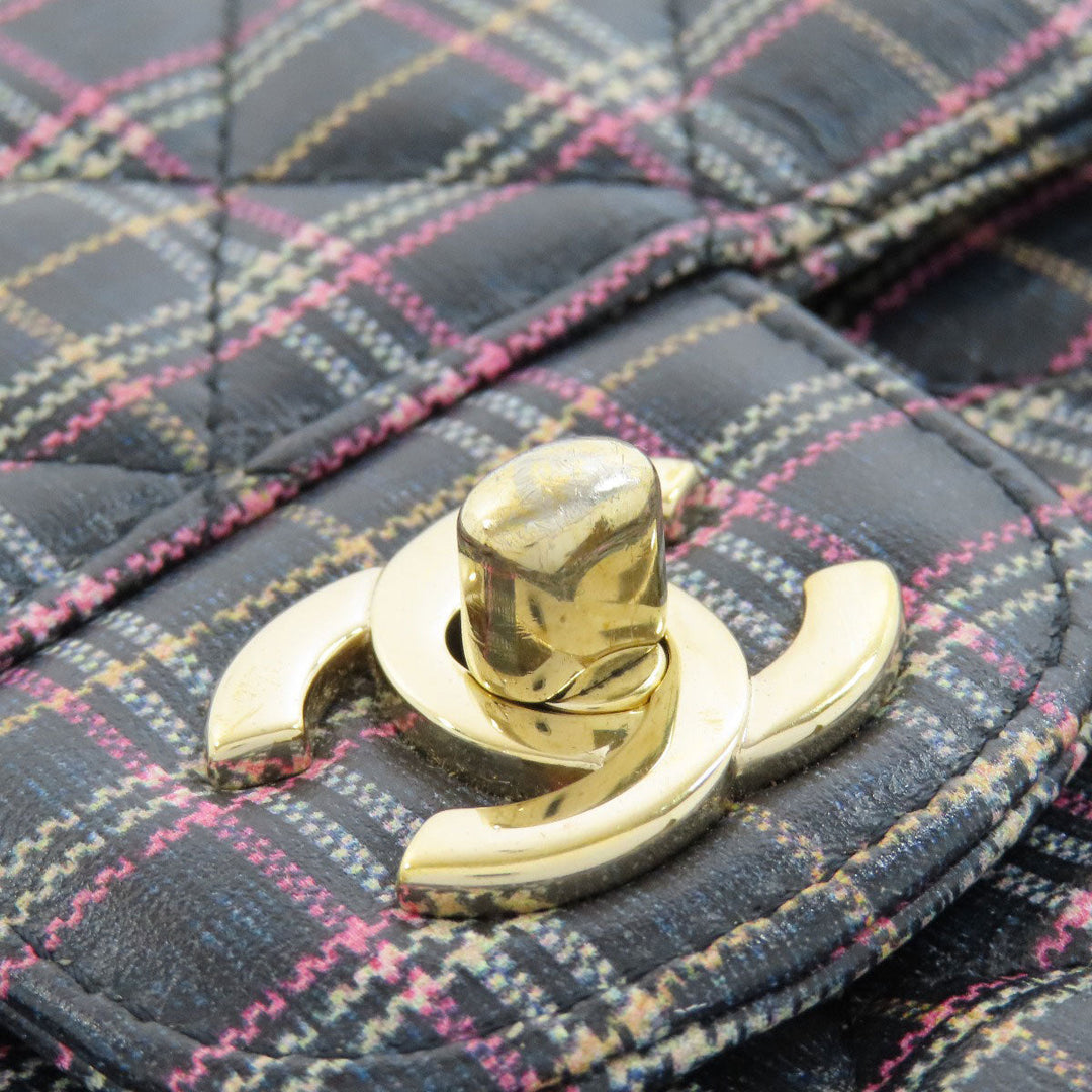 CHANEL Shoulder Bag leather gray ChainShoulder Check Pattern Gold Metal