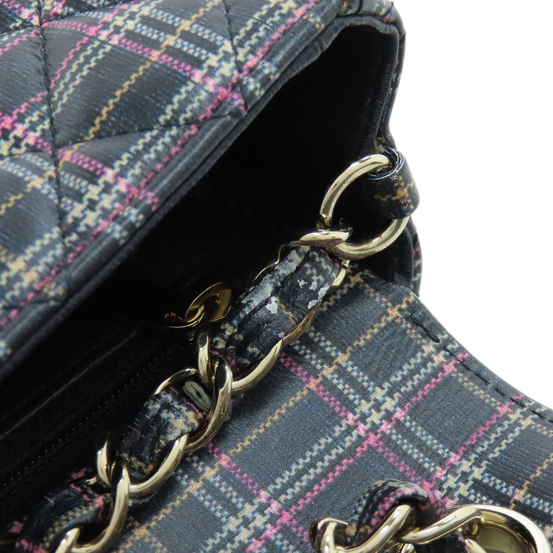 CHANEL Shoulder Bag leather gray ChainShoulder Check Pattern Gold Metal