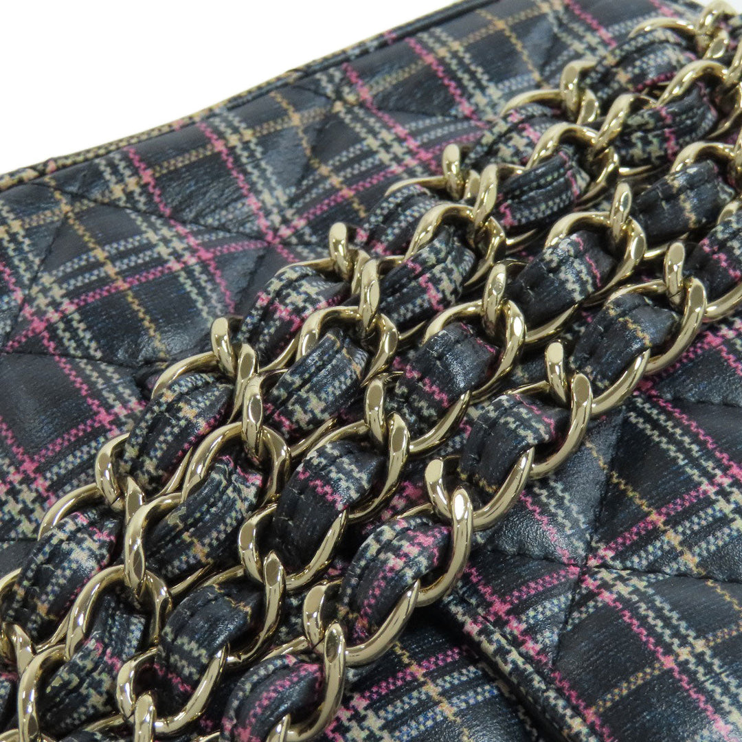 CHANEL Shoulder Bag leather gray ChainShoulder Check Pattern Gold Metal