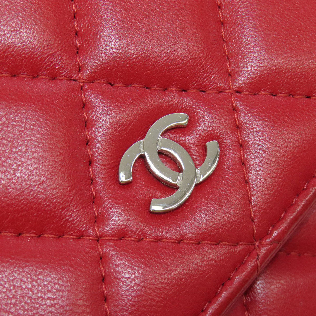 CHANEL Shoulder Bag lambskin Red Chain Wallet COCO Mark SilverMetal Women Used Authentic