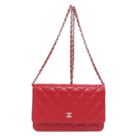 CHANEL Shoulder Bag lambskin Red Chain Wallet COCO Mark SilverMetal Women Used Authentic