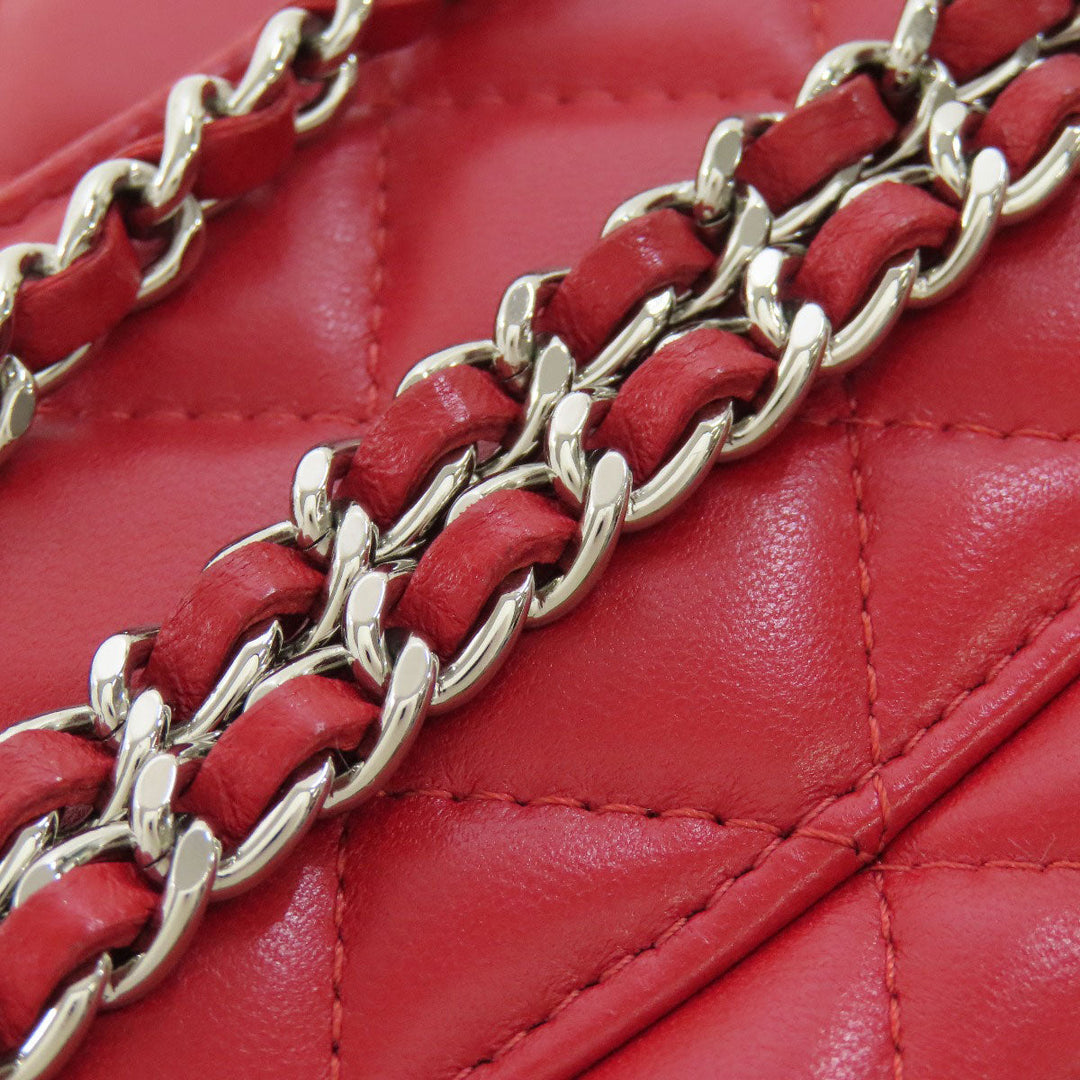 CHANEL Shoulder Bag lambskin Red Chain Wallet COCO Mark SilverMetal Women Used Authentic