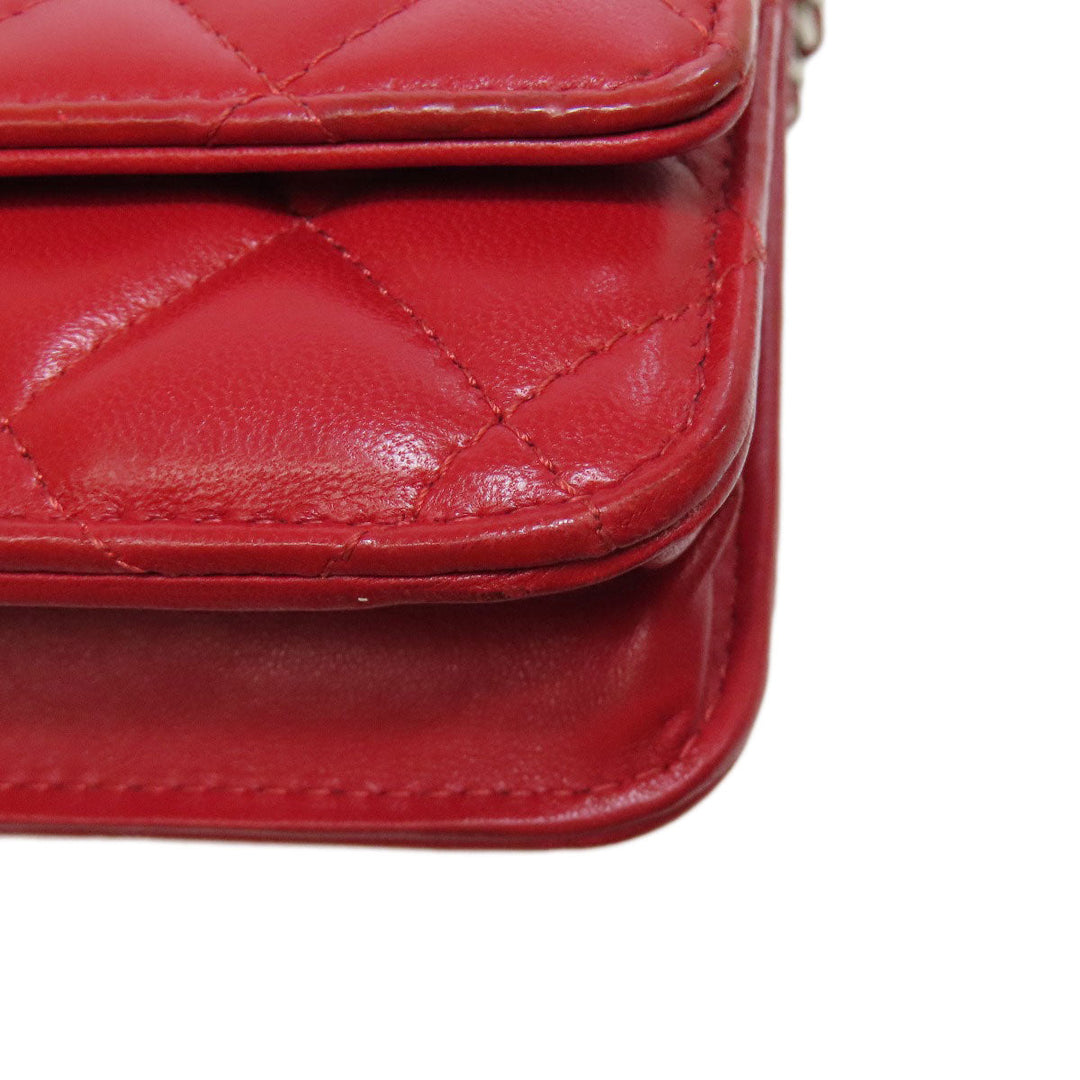 CHANEL Shoulder Bag lambskin Red Chain Wallet COCO Mark SilverMetal Women Used Authentic