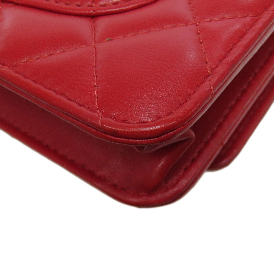 CHANEL Shoulder Bag lambskin Red Chain Wallet COCO Mark SilverMetal Women Used Authentic