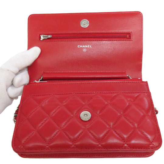 CHANEL Shoulder Bag lambskin Red Chain Wallet COCO Mark SilverMetal Women Used Authentic