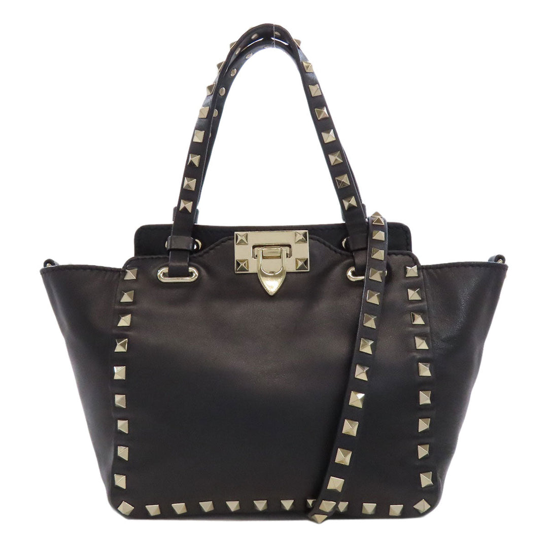 VALENTINO Handbag leather black Studs 2WAY Women Used Authentic