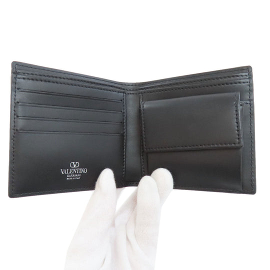 VALENTINO Bifold Wallet leather black logo mens Used Authentic