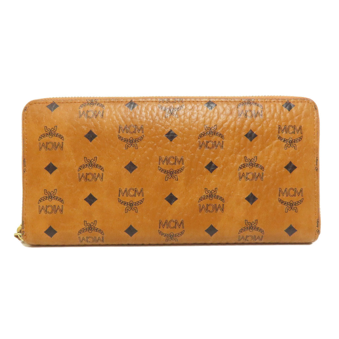 MCM Long Wallet Purse PVC Brown Zip Around Women Used Authentic