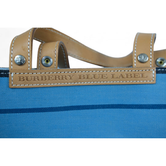 Burberry Blue Label Tote Bag Striped Canvas Leather Trim Blue Beige Women's Handbag