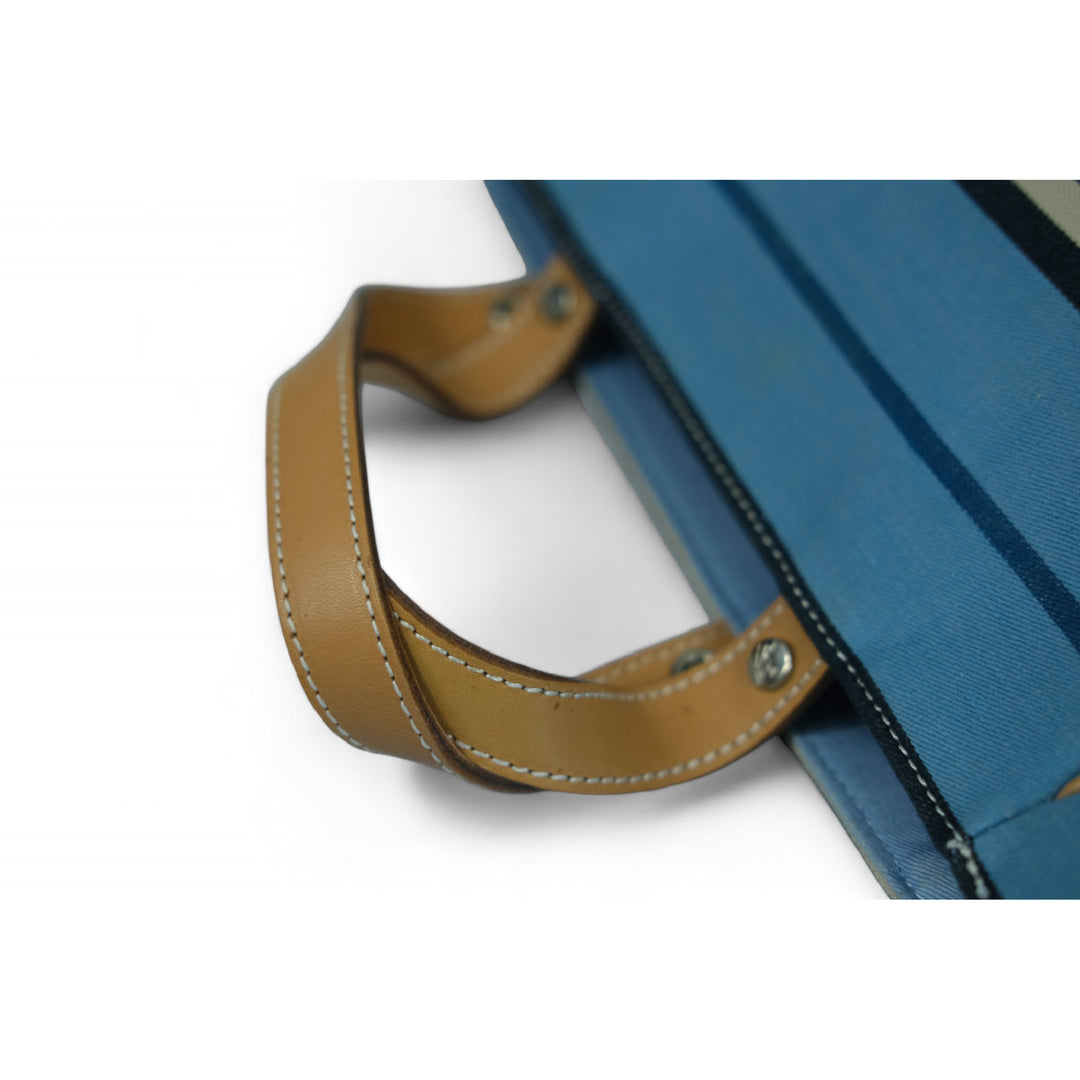 Burberry Blue Label Tote Bag Striped Canvas Leather Trim Blue Beige Women's Handbag