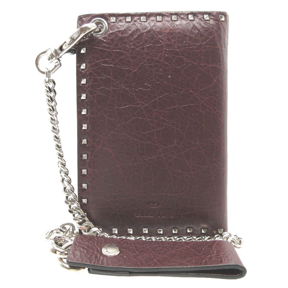 VALENTINO Bifold Wallet leather Bordeaux Chain Wallet Rockstud mens(Unisex) Used Authentic