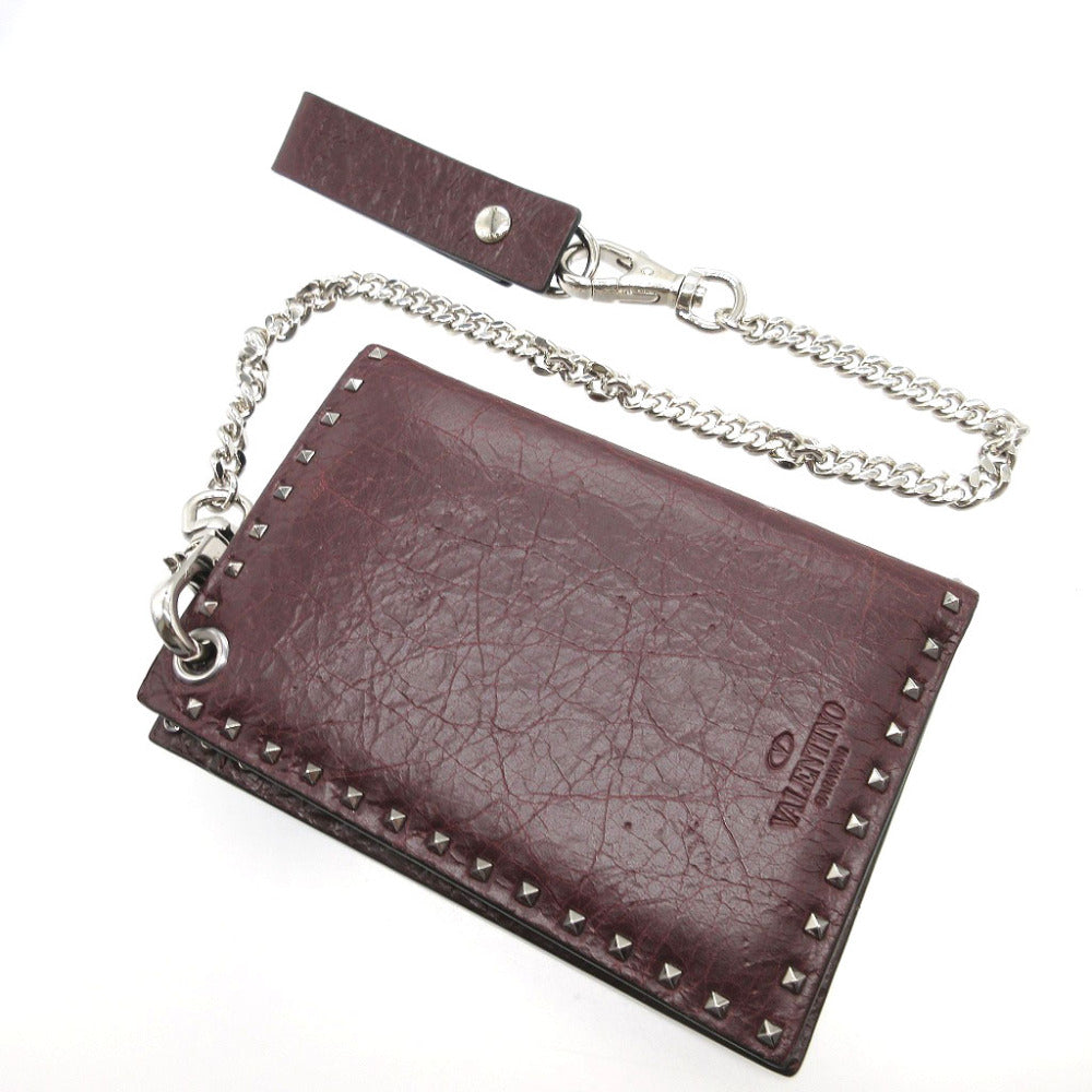 VALENTINO Bifold Wallet leather Bordeaux Chain Wallet Rockstud mens(Unisex) Used Authentic