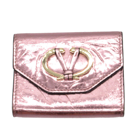 VALENTINO Card Case leather Metallic pink V logo metal color wrinkled finish Women Used Authentic