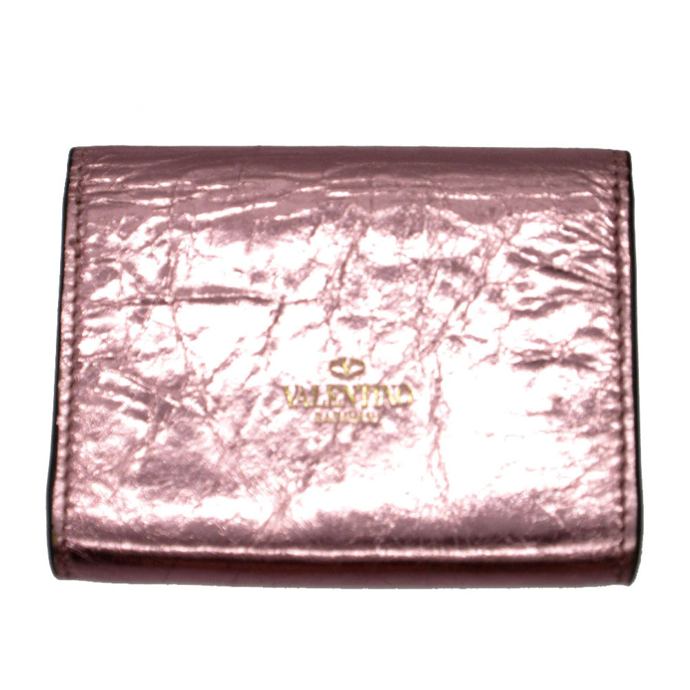VALENTINO Card Case leather Metallic pink V logo metal color wrinkled finish Women Used Authentic