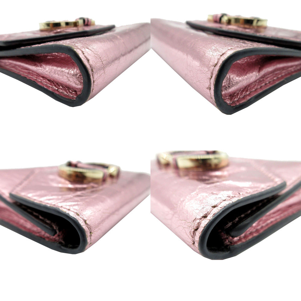 VALENTINO Card Case leather Metallic pink V logo metal color wrinkled finish Women Used Authentic