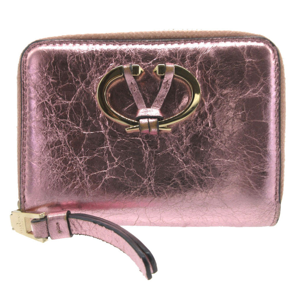 VALENTINO Coin case leather Metallic pink V logo metal color wrinkled finish Women Used Authentic